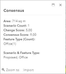 Consensus pop-up for an area of 714 square miles, scenario count of 1, a change score value of 5, a consensus score of 9, and office feature type Consensus pop-up for an area of 714 square miles, scenario count of 1, a change score value of 5, a consensus score of 9, and office feature type